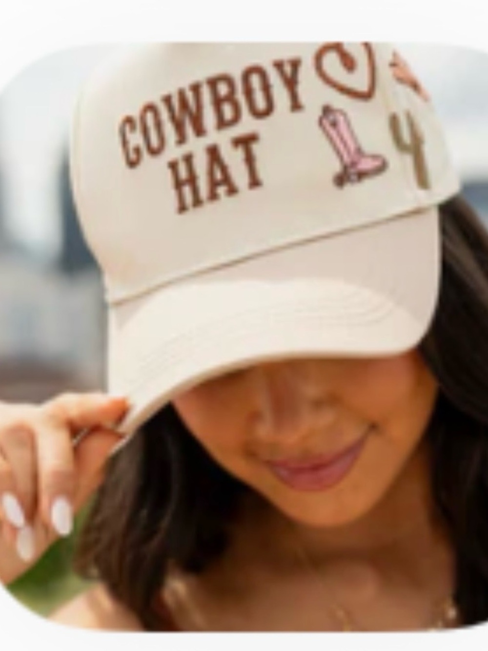 Ladies Cowboy Hat Baseball Cap - Beige/Pink Embroidery